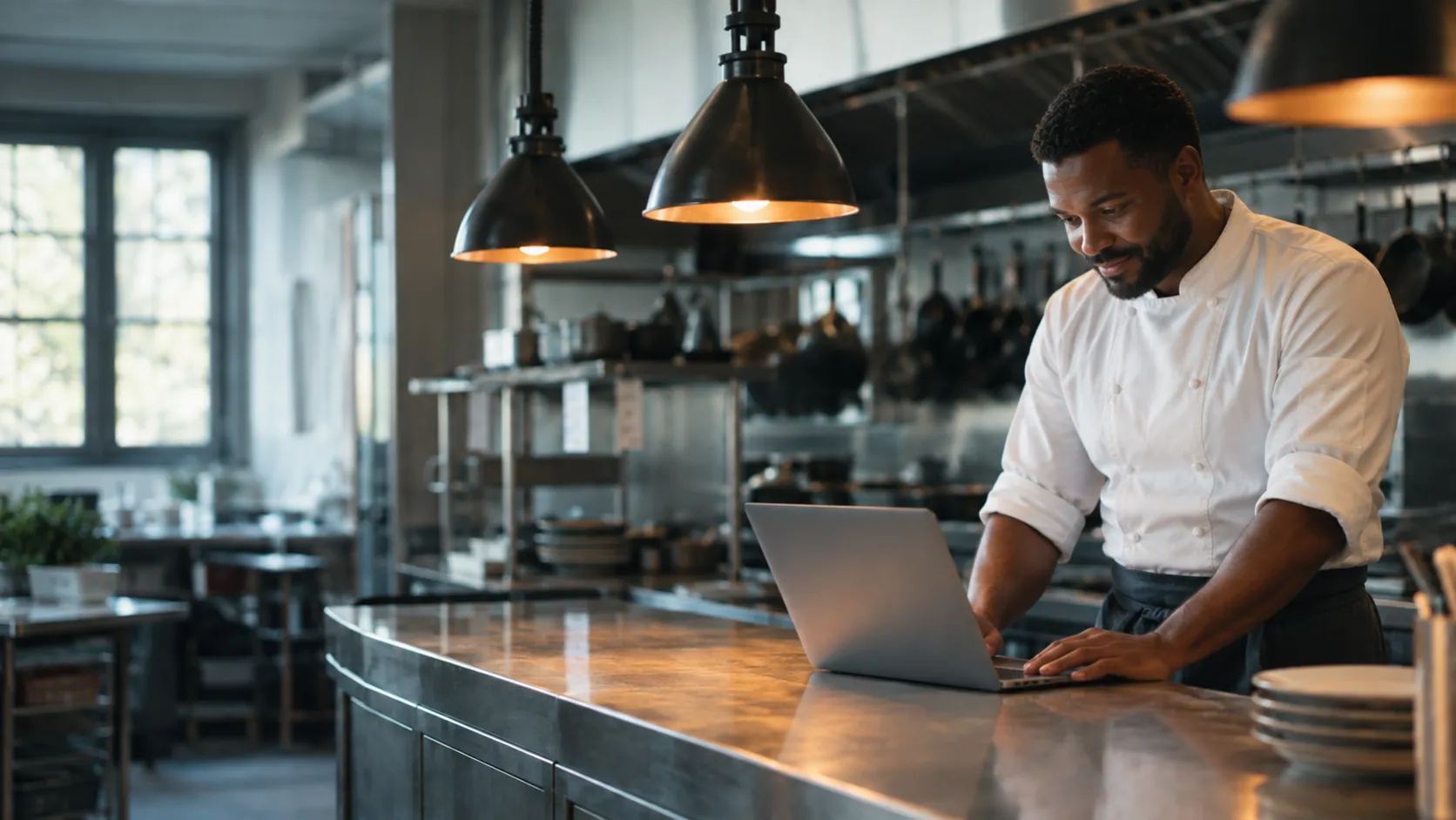 A chef at the pass checking his laptop between services